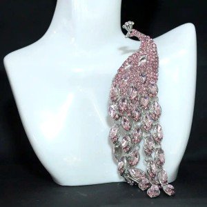 Super Luxury Shiny Rhinestone Pink Peacock Brooch Pin Animal Theme Women Gift