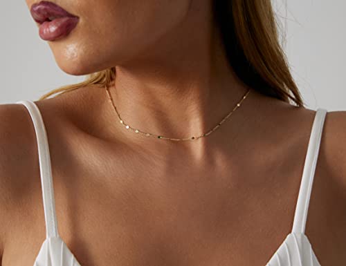 BERISO 14K Gold Plated Dainty Sparkle Dot Chain Necklace Shining Dot Sequins Necklace Simple Necklace with Adjustable Extension Chain Good Gift for Women