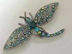 Dragonfly Crystal Rhinestone Brooch Pin Insect Bug Glass Vintage Aqua Blue Green