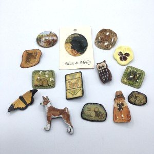 Lot of 14 Wood Resin Animal Pins Lion Fox Owl Rabbit Dog Cat Bird Butterfly