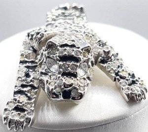 Brooch/Pin Silver Flexible Tiger Crystal & Black Enamel Stripes. 7"