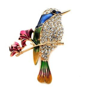 CUTE HUMMINGBIRD PIN 1.75" Gold Blue Green Enamel Brooch Rhinestone Song Bird