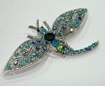 Dragonfly Crystal Rhinestone Brooch Pin Insect Bug Glass Vintage Aqua Blue Green