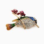 CUTE HUMMINGBIRD PIN 1.75" Gold Blue Green Enamel Brooch Rhinestone Song Bird