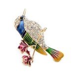 CUTE HUMMINGBIRD PIN 1.75" Gold Blue Green Enamel Brooch Rhinestone Song Bird