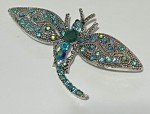 Dragonfly Crystal Rhinestone Brooch Pin Insect Bug Glass Vintage Aqua Blue Green