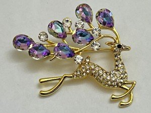 Crystal Rhinestone Deer Brooch Pin Christmas Vintage Glass Iridescent Purple US