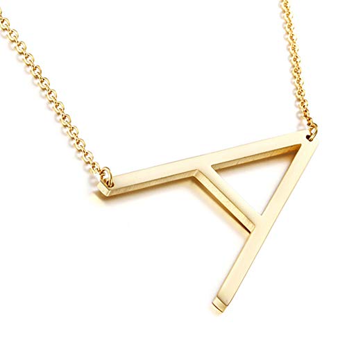MOMOL Sideways Initial Necklace 18K Gold Plated Stainless Steel Large Big Letter A Pendant Necklace Script Name Monogram Necklaces for Women (A)