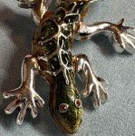 Silver Tone Lizard Pin Brooch Green & Gold Enamel Crystal Eyes
