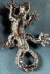 Silver Tone Lizard Pin Brooch Green & Gold Enamel Crystal Eyes