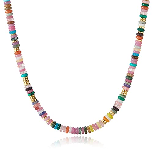 KissYan Boho Beaded Choker Necklace for Women, Gemstone Necklace Natural Stone Freshwater Pearl Surfer Necklace 14K Gold Plated Summer Beach Handmade Jewelry(05)