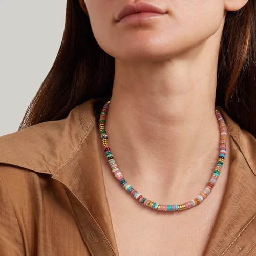 KissYan Boho Beaded Choker Necklace for Women, Gemstone Necklace Natural Stone Freshwater Pearl Surfer Necklace 14K Gold Plated Summer Beach Handmade Jewelry(05)