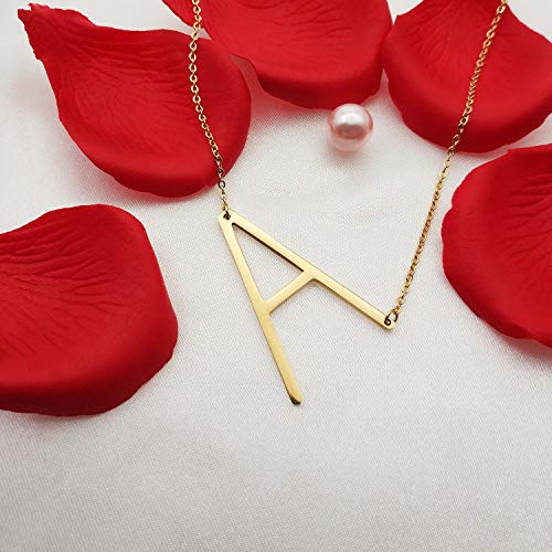 MOMOL Sideways Initial Necklace 18K Gold Plated Stainless Steel Large Big Letter A Pendant Necklace Script Name Monogram Necklaces for Women (A)