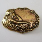 Vintage Art Nouveau Thoughtful Lady Brass Pin Antique Brooch French Casting