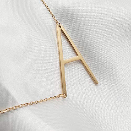MOMOL Sideways Initial Necklace 18K Gold Plated Stainless Steel Large Big Letter A Pendant Necklace Script Name Monogram Necklaces for Women (A)