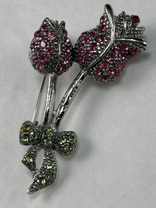 Vintage Brooch Pin 1.8” Pink Flower Bouquet Crystal Rhinestones