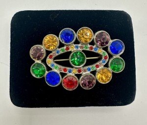 Rhinestone Pin Brooch Colorful  Oval Ring Multicolor Vintage