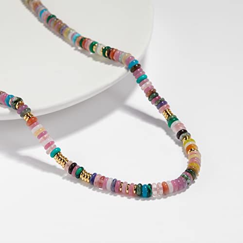 KissYan Boho Beaded Choker Necklace for Women, Gemstone Necklace Natural Stone Freshwater Pearl Surfer Necklace 14K Gold Plated Summer Beach Handmade Jewelry(05)