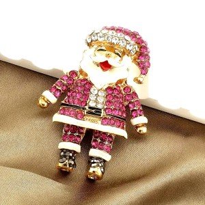 Fashion Shiny Rose Red Rhinestones Santa Claus Brooch Christmas Gifts Women Men