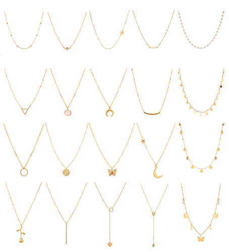 Honsny 20PCS 14K Gold Plated Choker Necklaces for Women, Dainty Gold Diamond Coin Pearl Pendant Simple Chain Necklace Set Cute Gold Layered Necklaces for Women Teen Jewelry Gifts