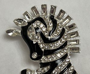 Zebra Horse Rhinestone Brooch Pin Enamel Crystal ALL Glass Clear Vintage Black