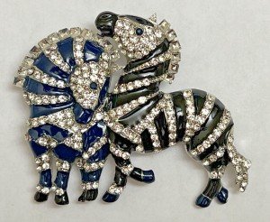 Zebra Crystal Rhinestone Brooch Pin ALL Glass Enamel Horse Vintage Black Blue