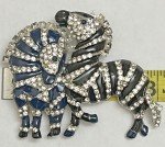 Zebra Crystal Rhinestone Brooch Pin ALL Glass Enamel Horse Vintage Black Blue