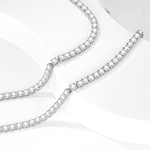 Luxval Tennis Necklace 14K Silver Choker Necklaces for women Dainty Zirconia Cut Faux Diamond chain 3mm Width 13Inches