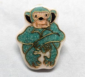 Vintage Bakelite? Plastic Brooch Turquoise Sitting Monkey Golden Outline Scarf