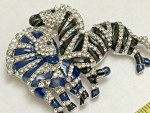 Zebra Crystal Rhinestone Brooch Pin ALL Glass Enamel Horse Vintage Black Blue