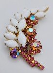 Vtg DeLizza & Elster Iridescent Juliana Pink White Leaf Feather Brooch Lapel Pin