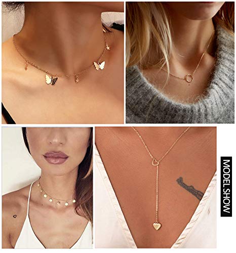 Honsny 20PCS 14K Gold Plated Choker Necklaces for Women, Dainty Gold Diamond Coin Pearl Pendant Simple Chain Necklace Set Cute Gold Layered Necklaces for Women Teen Jewelry Gifts