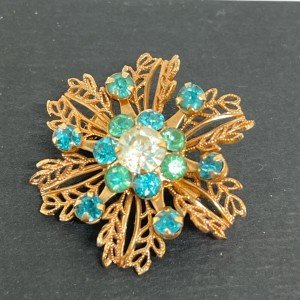 Vintage Filigree Brooch Pin Turquoise Color Crystal Flower Prong Set