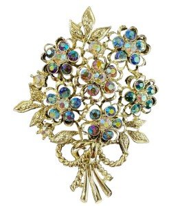 Estate Jewelry Vintage Aurora Borealis Floral Brooch 4” Beautiful Gold Pin