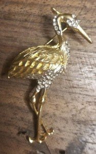 VTG Clear Rhinestone & Gold Tone Stork Brooch - Unbranded