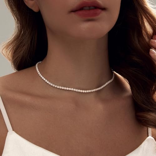Luxval Tennis Necklace 14K Silver Choker Necklaces for women Dainty Zirconia Cut Faux Diamond chain 3mm Width 13Inches