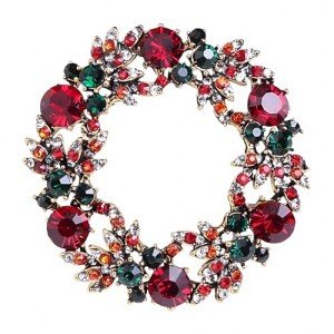 Gyn&Joy Vintage Green Red Austrian Crystal Round Christmas Wreath Pin Brooch BZ291