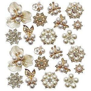 Qililandiy 22 Pieces Pearl Rhinestone Buttons Rhinestone Faux Pearl Embellishments Pearl Brooch Alloy Floral Charms Pendants for Jewelry Making