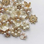 Qililandiy 22 Pieces Pearl Rhinestone Buttons Rhinestone Faux Pearl Embellishments Pearl Brooch Alloy Floral Charms Pendants for Jewelry Making