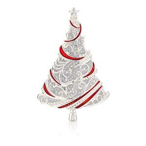 RareLove Vintage Red with Silver Christmas Tree Xmas Pins and Brooches Silver Plated Alloy Holiday Jewelry For Women