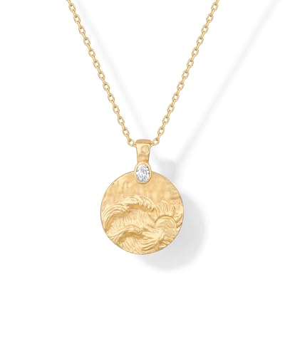 PAVOI 14K Yellow Gold Plated Engraved Hammered Coin Pendant Necklace for Women | Wave Bohemian Pendant Adjustable Chain Necklaces | Inspirational Secret Phrases Find your Calm