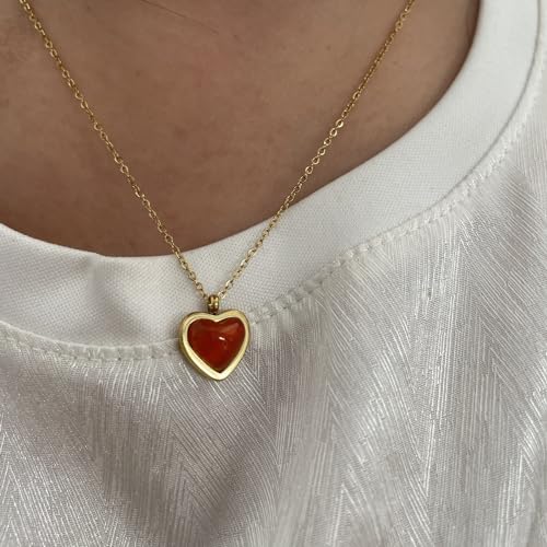 Carnelian Heart Necklace for Women as Gifts for her, Red Necklace 18K Gold Red Heart Necklace for Girls as Everyday Birthday Wedding Necklace,Carnelian Jewelry as Coquette Accessories from TZPI