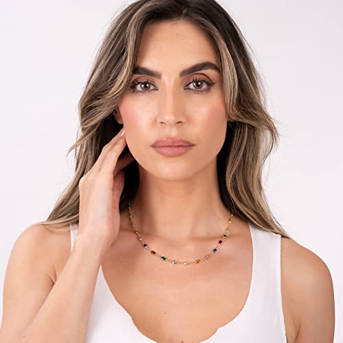 Barzel 18K Gold Plated Oval Multicolor Stone Crystal Necklace for Women - Made In Brazil