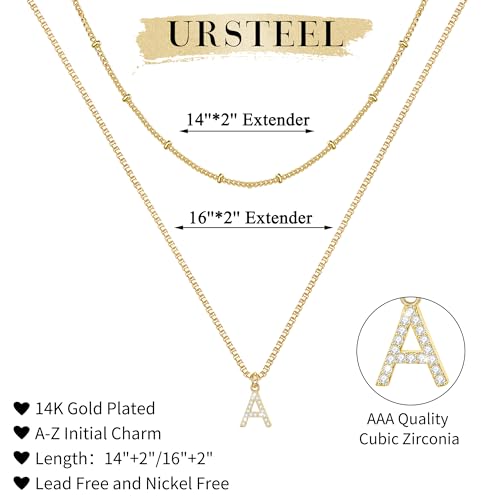 Ursteel Gold Layered Initial Necklaces for Women - 14K Gold Plated Dainty Small Layered Initial Letter A Pendent Gold Choker Chain Necklaces for Women Trendy Stuff Gold Jewelry Women Mothers Day Gifts
