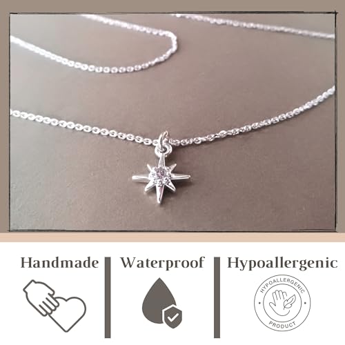 Annika Bella Sterling Silver Star Necklace for Women, Length 16-18 Inches, Tiny Cubic Zirconia North-Star Charm Pendant Necklace, Waterproof, Celestial Jewelry Gift for Her (Single Necklace)