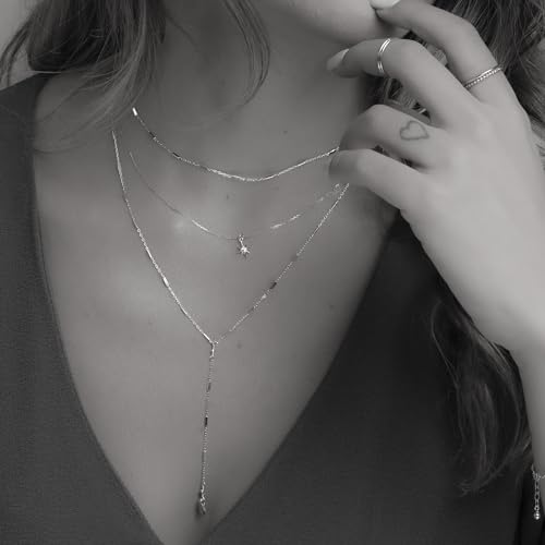 Annika Bella Sterling Silver Star Necklace for Women, Length 16-18 Inches, Tiny Cubic Zirconia North-Star Charm Pendant Necklace, Waterproof, Celestial Jewelry Gift for Her (Single Necklace)