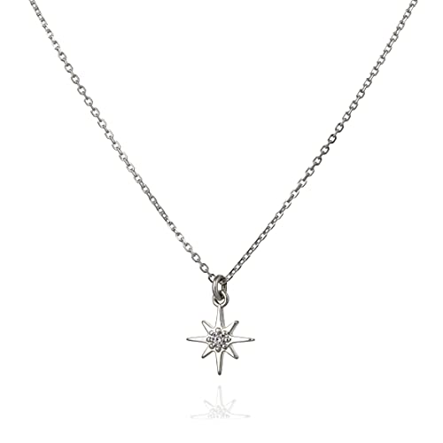 Annika Bella Sterling Silver Star Necklace for Women, Length 16-18 Inches, Tiny Cubic Zirconia North-Star Charm Pendant Necklace, Waterproof, Celestial Jewelry Gift for Her (Single Necklace)