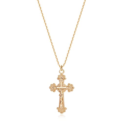 Fettero Crucifix Necklace Gold Faith Cross Pendant Vintage 14K Gold Plated Dainty Chain Minimalist Simple God Lords Prayer Religious Jewelry