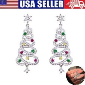 Women's 925 Silver Crystal Christmas Tree Earrings Drop Dangle Jewelry Xmas 2024