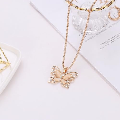 Sollarisy Butterfly Necklace Hollow Opal Chain Necklace Sweater Chain Women Necklace Alloy Necklace Dating Pendant Gifts for Women and Girls, Gold